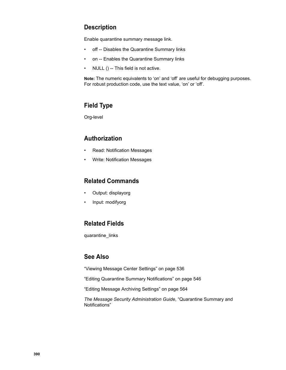 Description, Field type, Authorization | Related commands, Related fields, See also | Google Message Security Batch Reference Guide User Manual | Page 378 / 561