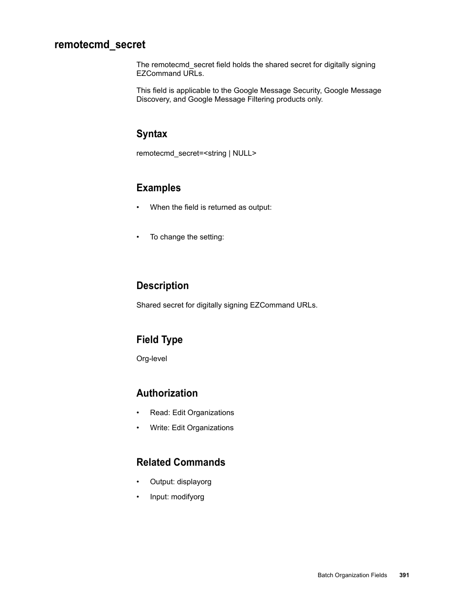 Remotecmd_secret, Syntax, Examples | Description, Field type, Authorization, Related commands | Google Message Security Batch Reference Guide User Manual | Page 379 / 561