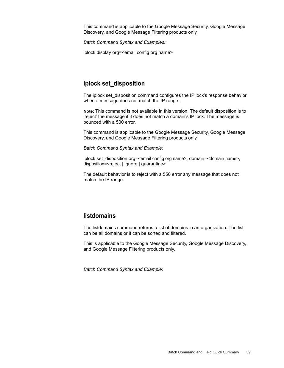 Iplock set_disposition, Listdomains | Google Message Security Batch Reference Guide User Manual | Page 38 / 561