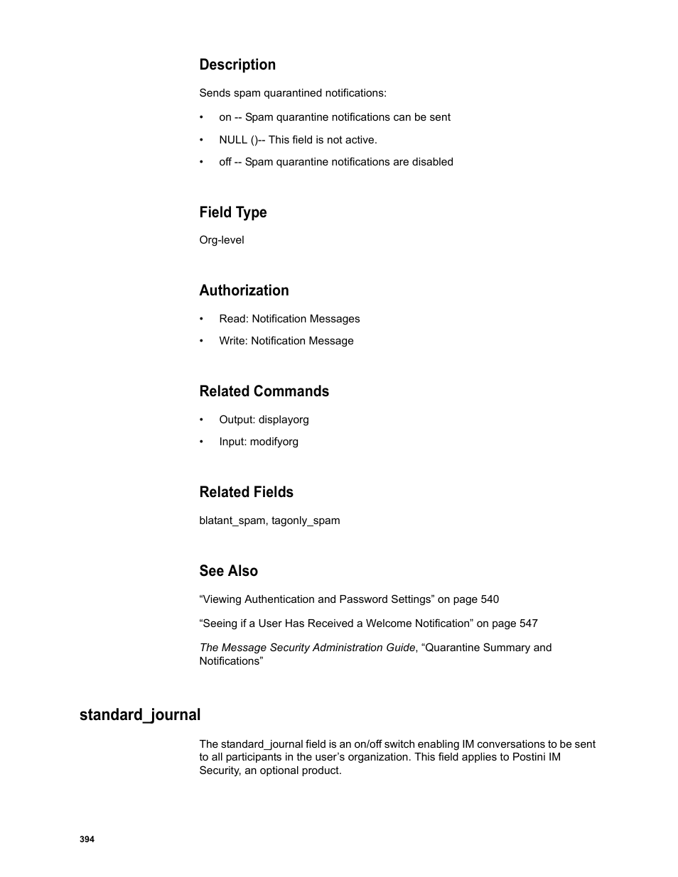 Description, Field type, Authorization | Related commands, Related fields, See also, Standard_journal | Google Message Security Batch Reference Guide User Manual | Page 382 / 561