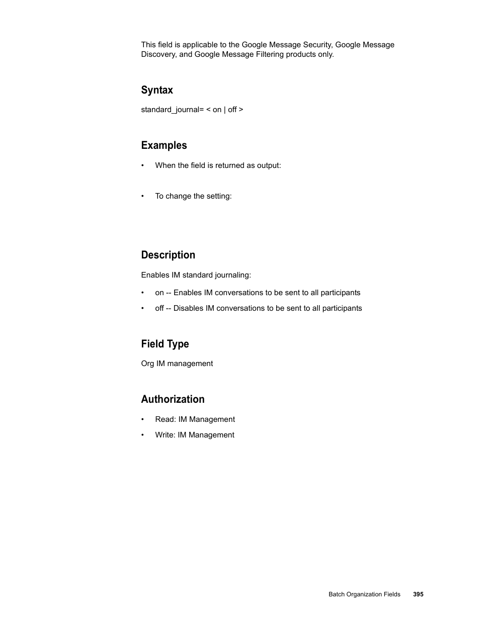 Syntax, Examples, Description | Field type, Authorization | Google Message Security Batch Reference Guide User Manual | Page 383 / 561