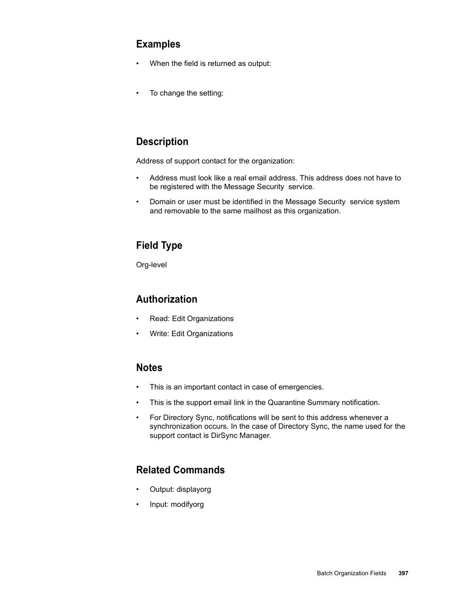 Examples, Description, Field type | Authorization, Notes, Related commands | Google Message Security Batch Reference Guide User Manual | Page 385 / 561
