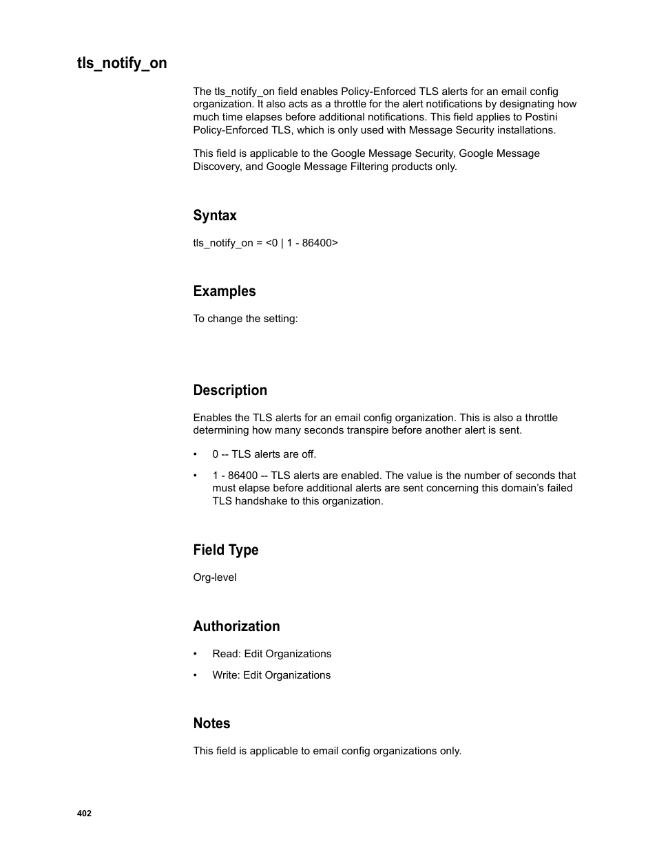 Tls_notify_on, Syntax, Examples | Description, Field type, Authorization, Notes | Google Message Security Batch Reference Guide User Manual | Page 390 / 561