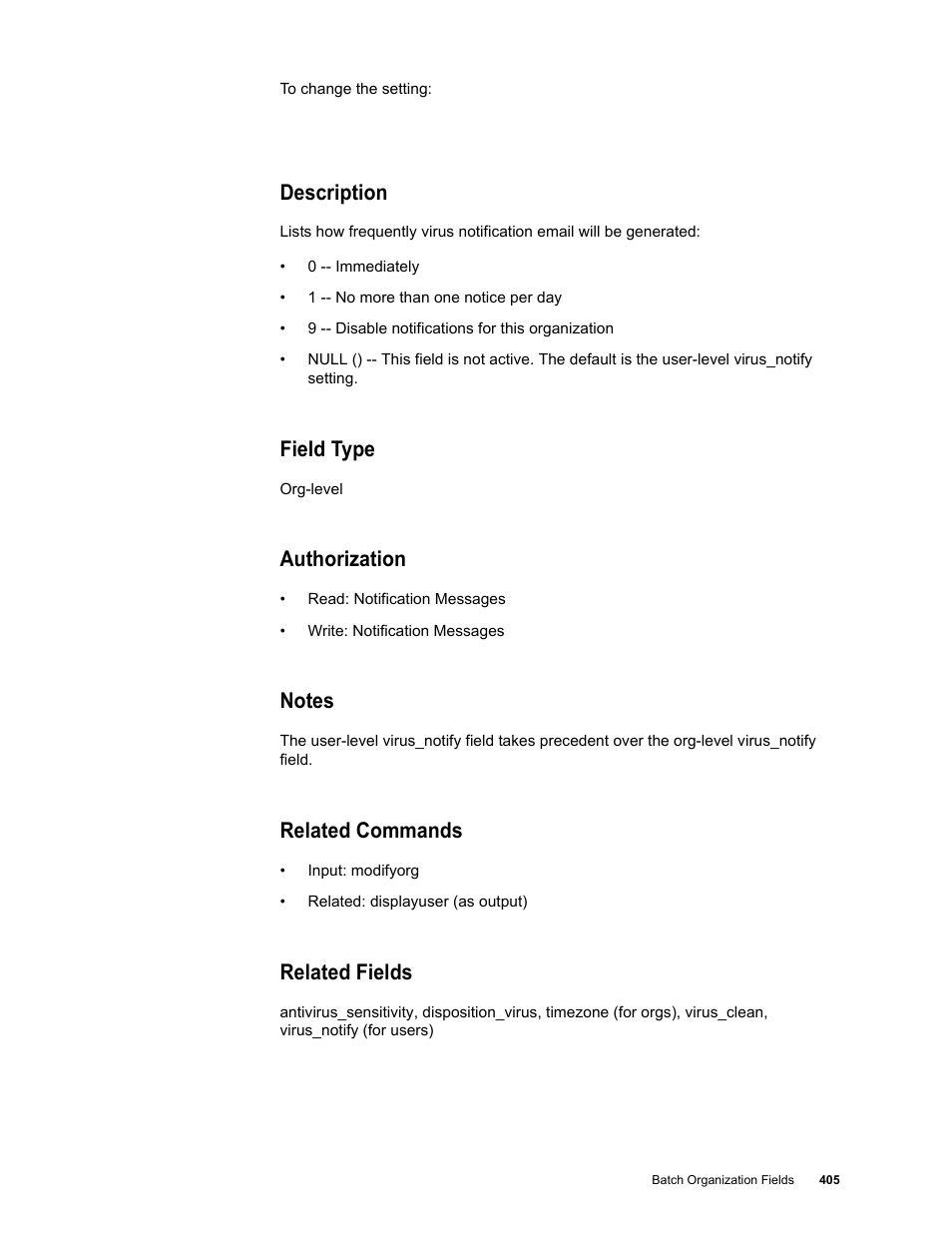 Description, Field type, Authorization | Notes, Related commands, Related fields | Google Message Security Batch Reference Guide User Manual | Page 393 / 561