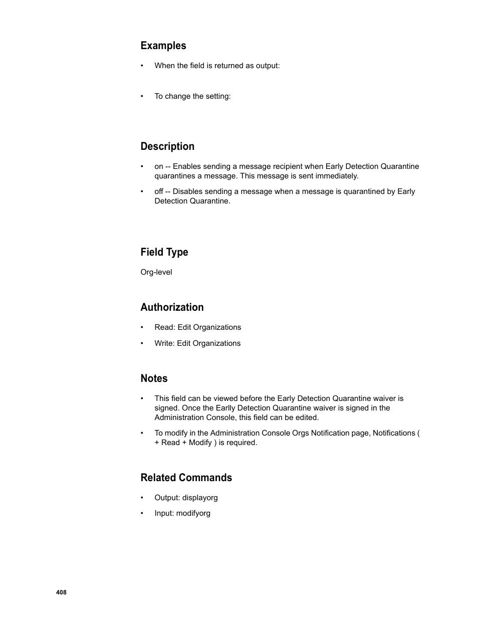 Examples, Description, Field type | Authorization, Notes, Related commands | Google Message Security Batch Reference Guide User Manual | Page 396 / 561