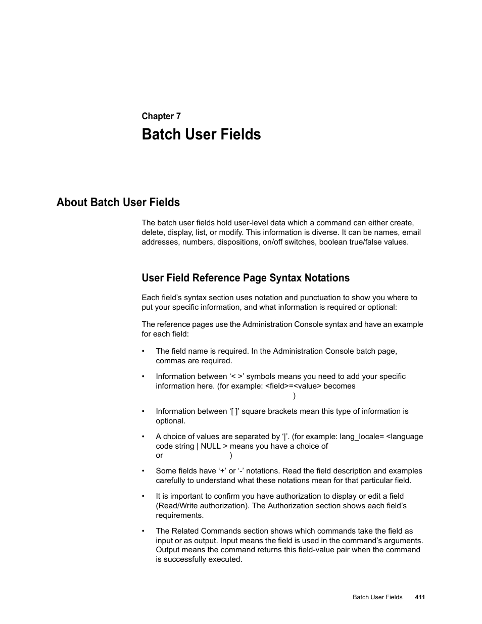 Batch user fields, About batch user fields, Chapter 7: batch user fields | User field reference page syntax notations | Google Message Security Batch Reference Guide User Manual | Page 399 / 561