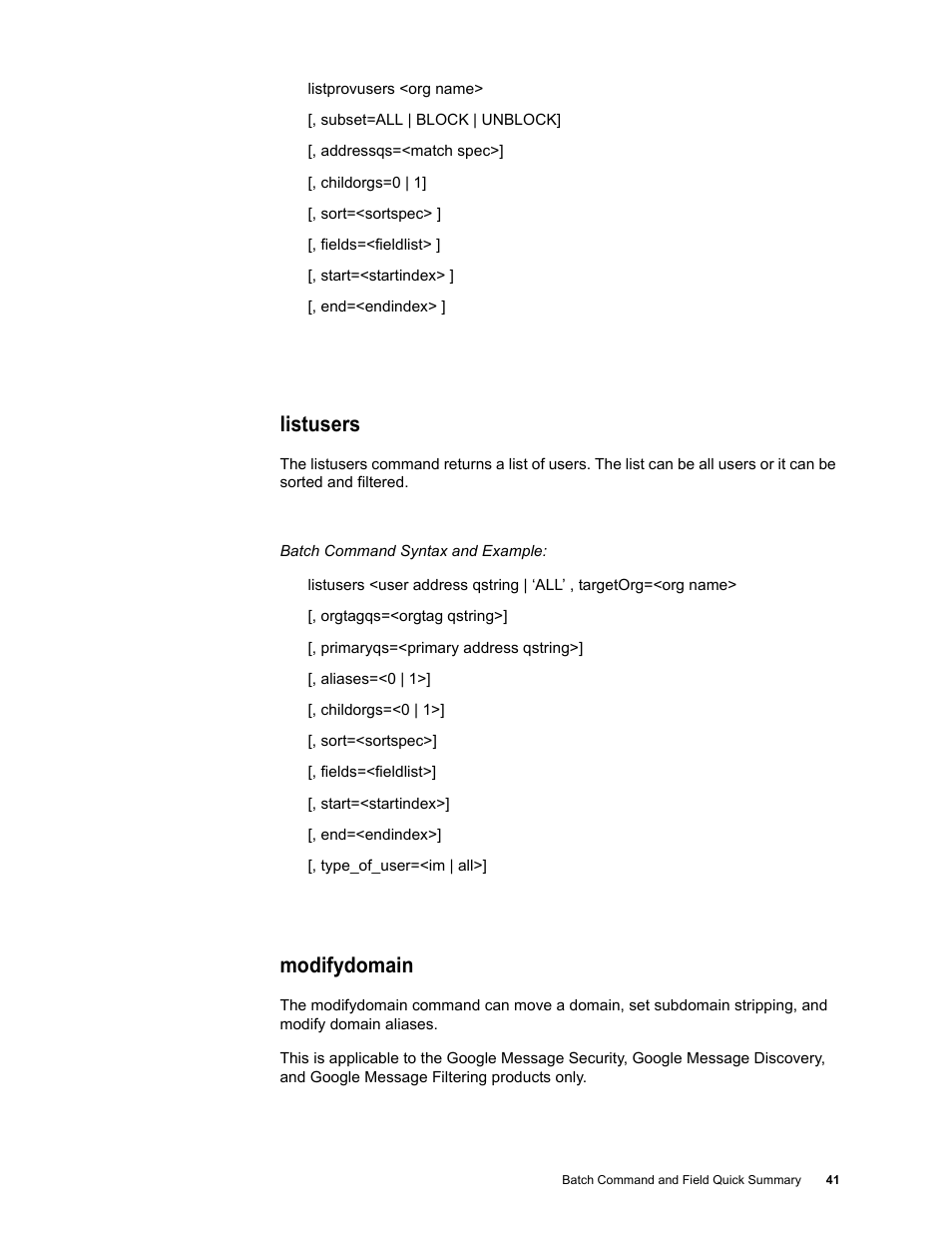 Listusers, Modifydomain | Google Message Security Batch Reference Guide User Manual | Page 40 / 561