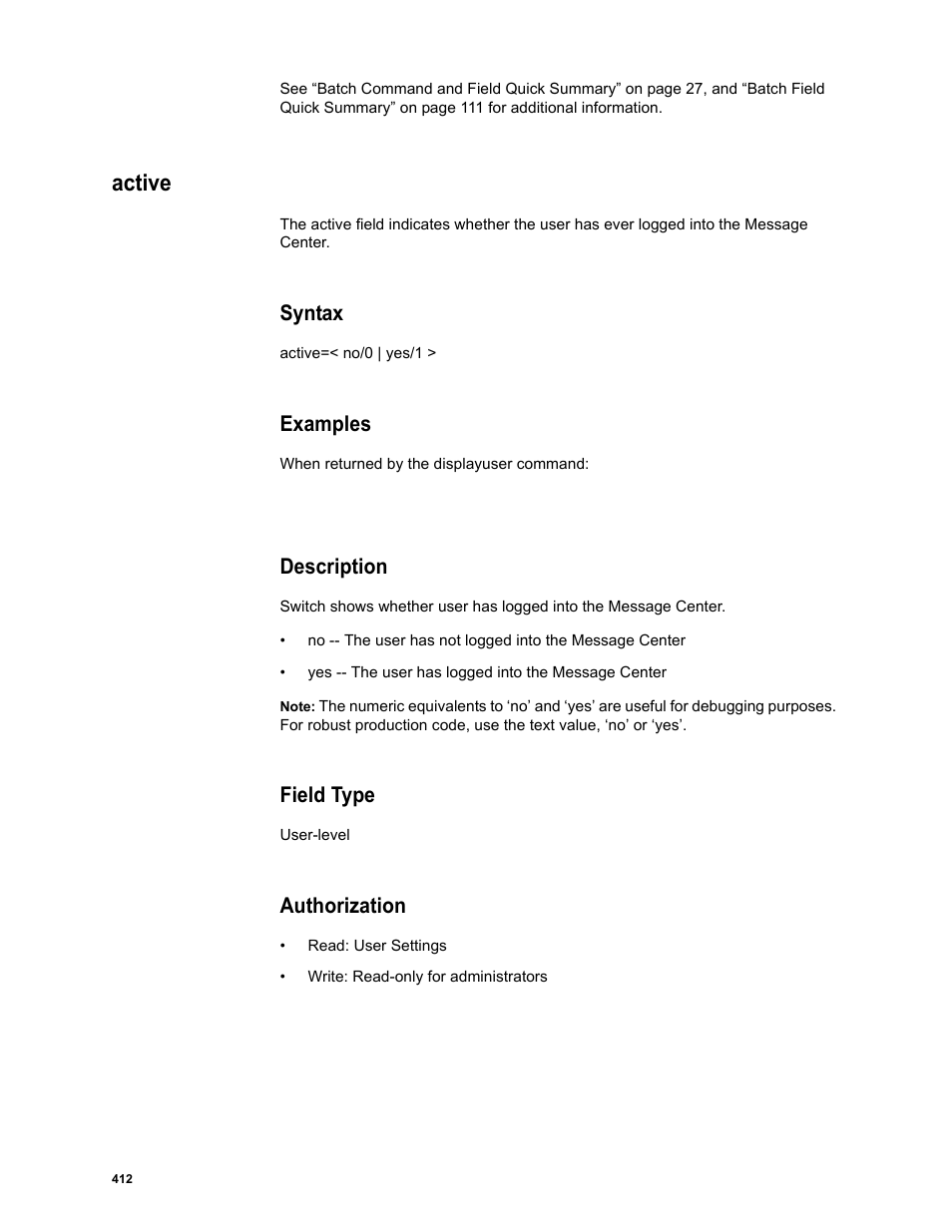 Active, Syntax, Examples | Description, Field type, Authorization | Google Message Security Batch Reference Guide User Manual | Page 400 / 561