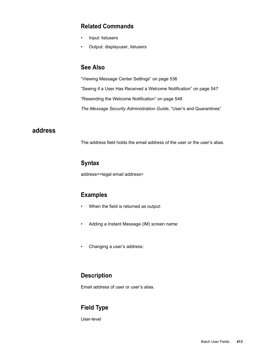 Related commands, See also, Address | Syntax, Examples, Description, Field type | Google Message Security Batch Reference Guide User Manual | Page 401 / 561