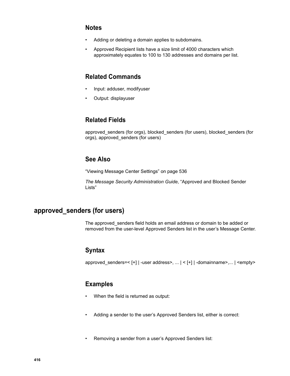 Notes, Related commands, Related fields | See also, Approved_senders (for users), Syntax, Examples | Google Message Security Batch Reference Guide User Manual | Page 404 / 561