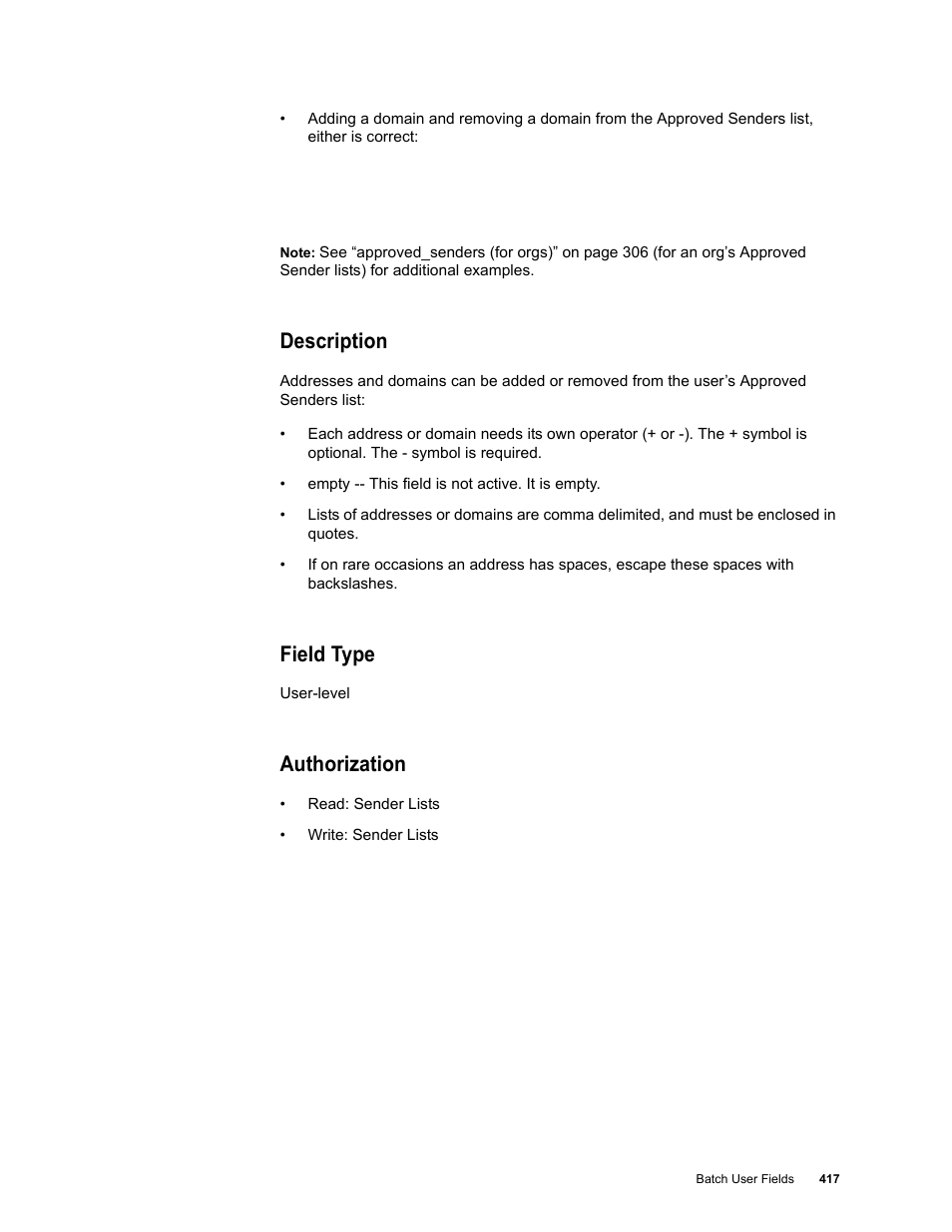 Description, Field type, Authorization | Google Message Security Batch Reference Guide User Manual | Page 405 / 561