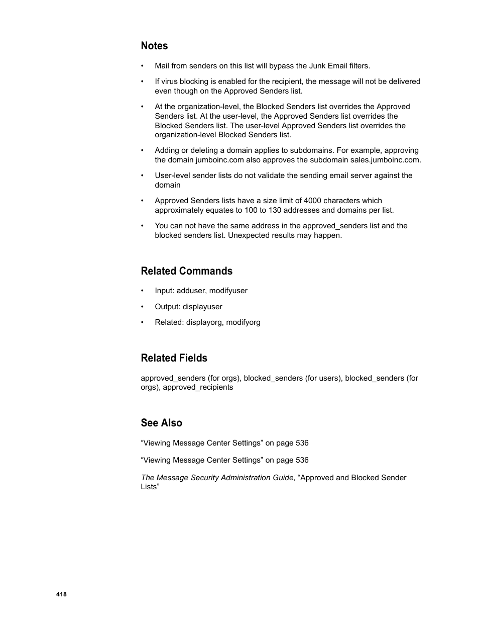 Notes, Related commands, Related fields | See also | Google Message Security Batch Reference Guide User Manual | Page 406 / 561