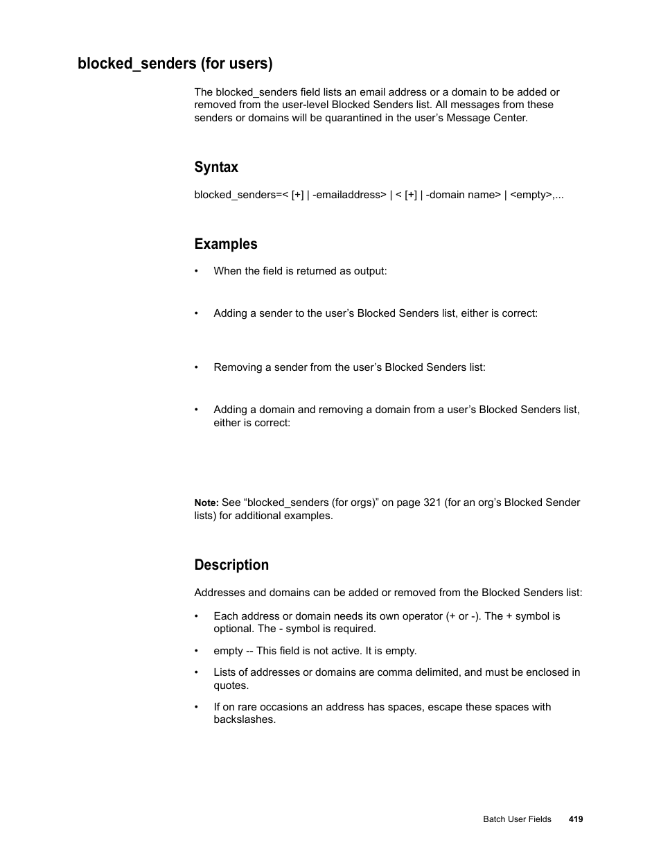 Blocked_senders (for users), Syntax, Examples | Description | Google Message Security Batch Reference Guide User Manual | Page 407 / 561