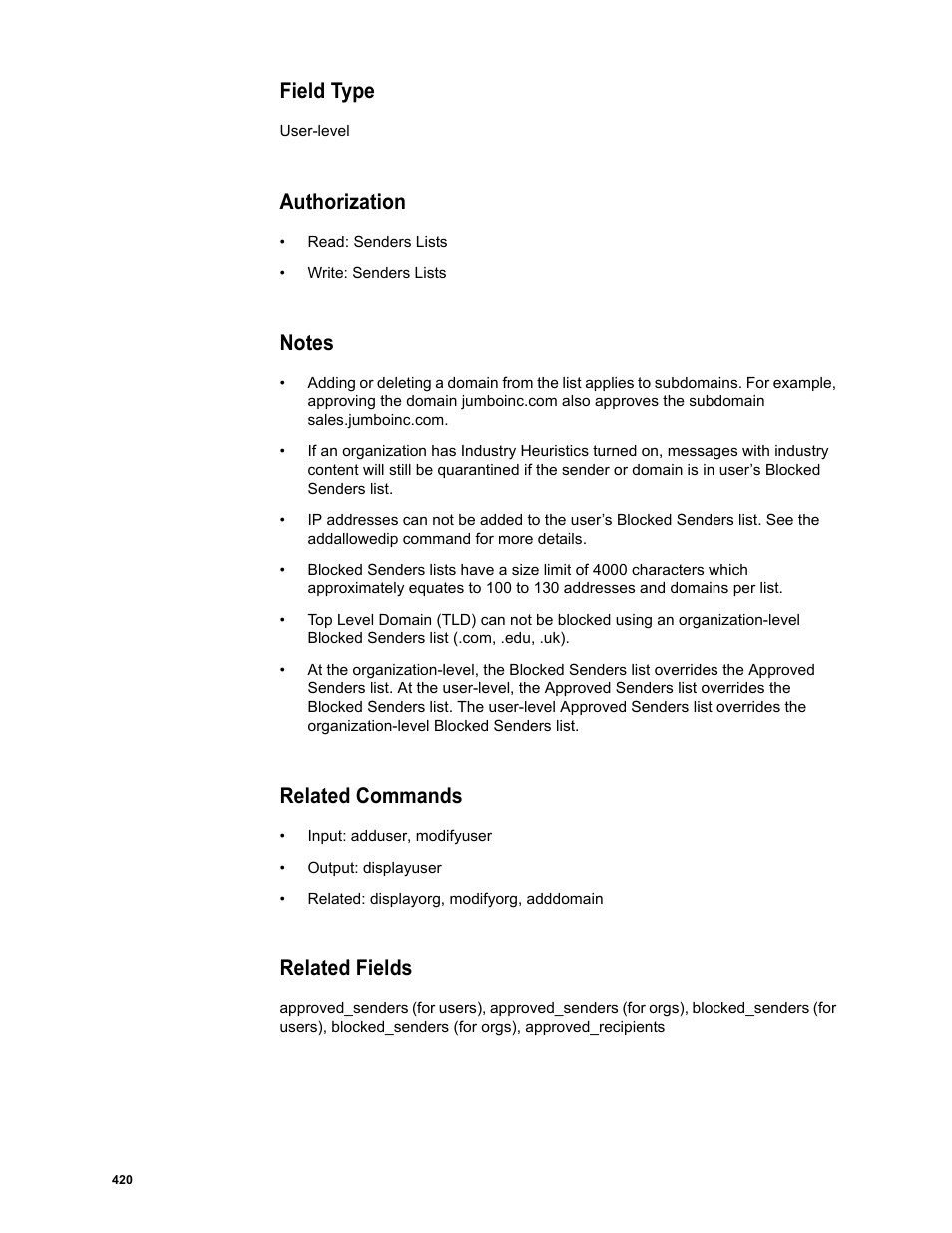 Field type, Authorization, Notes | Related commands, Related fields | Google Message Security Batch Reference Guide User Manual | Page 408 / 561
