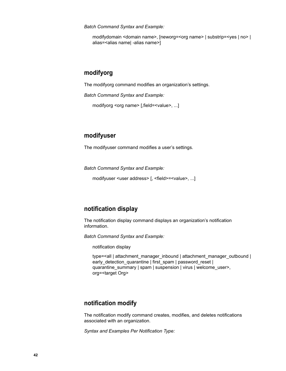 Modifyorg, Modifyuser, Notification display | Notification modify | Google Message Security Batch Reference Guide User Manual | Page 41 / 561