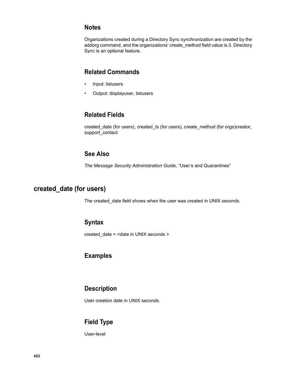 Notes, Related commands, Related fields | See also, Created_date (for users), Syntax, Examples, Description, Field type | Google Message Security Batch Reference Guide User Manual | Page 410 / 561
