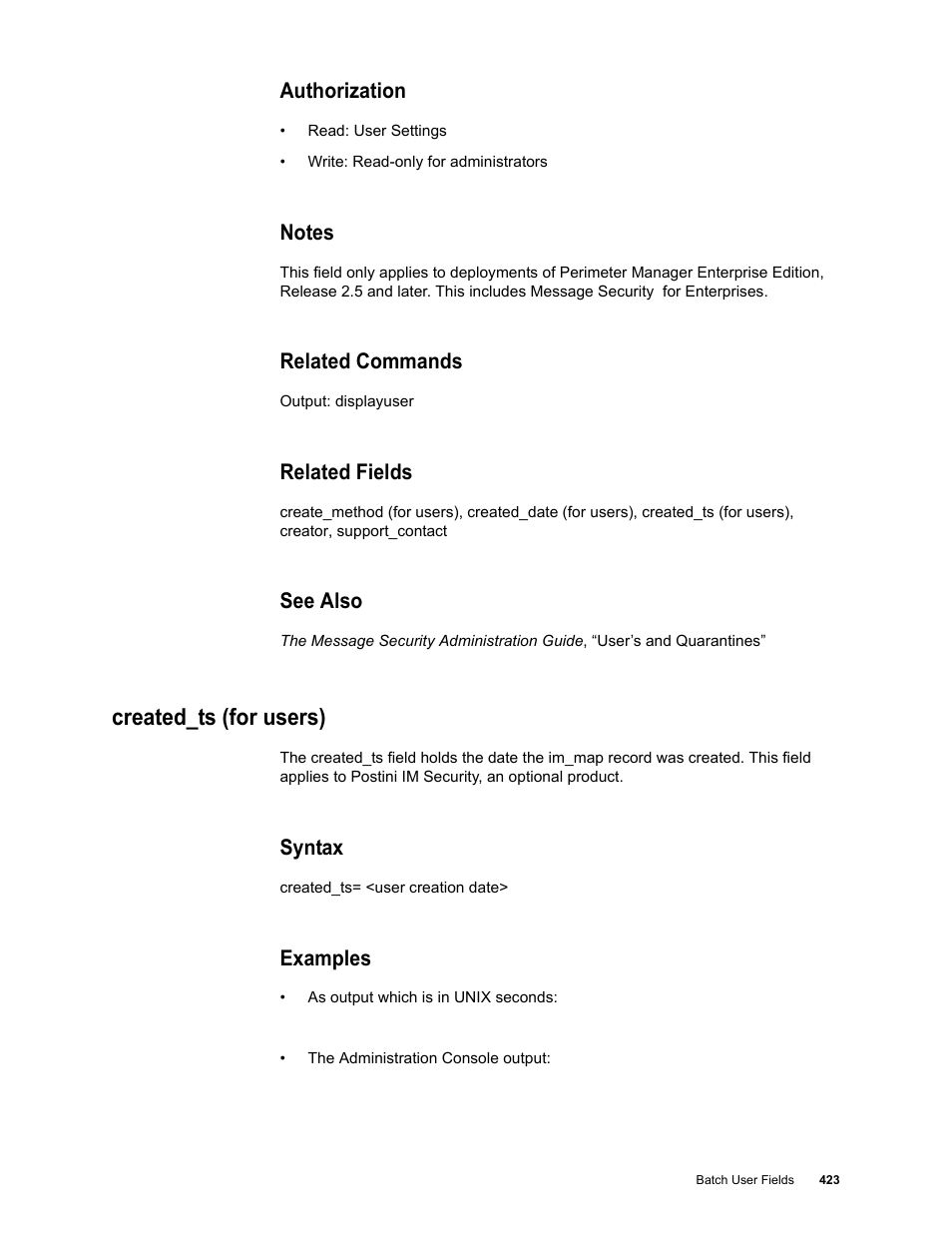 Authorization, Notes, Related commands | Related fields, See also, Created_ts (for users), Syntax, Examples | Google Message Security Batch Reference Guide User Manual | Page 411 / 561
