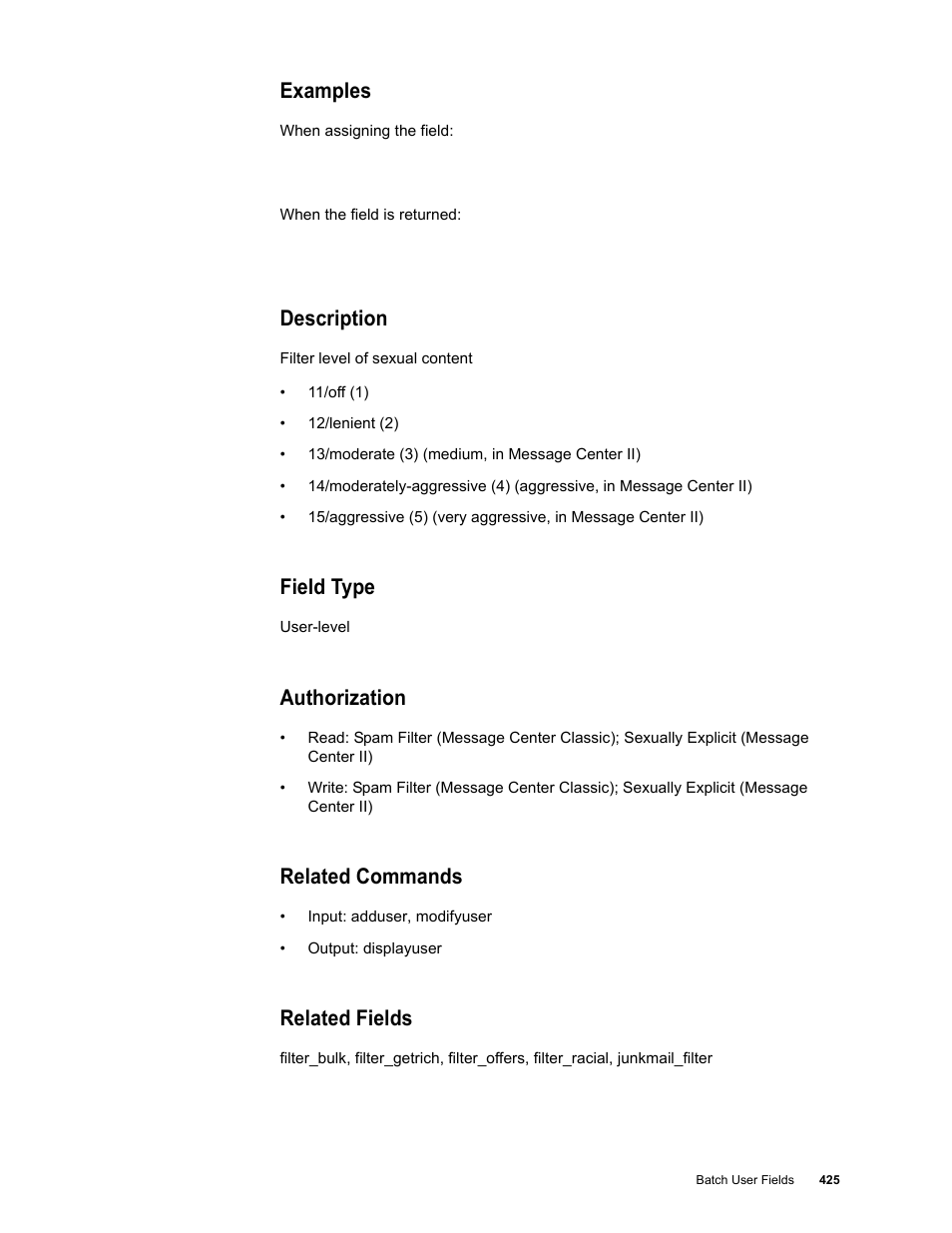 Examples, Description, Field type | Authorization, Related commands, Related fields | Google Message Security Batch Reference Guide User Manual | Page 413 / 561