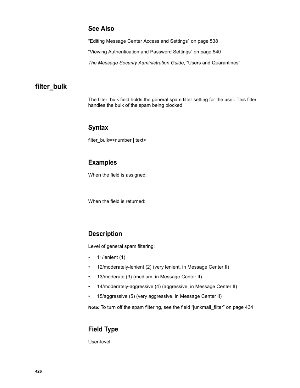 See also, Filter_bulk, Syntax | Examples, Description, Field type | Google Message Security Batch Reference Guide User Manual | Page 414 / 561