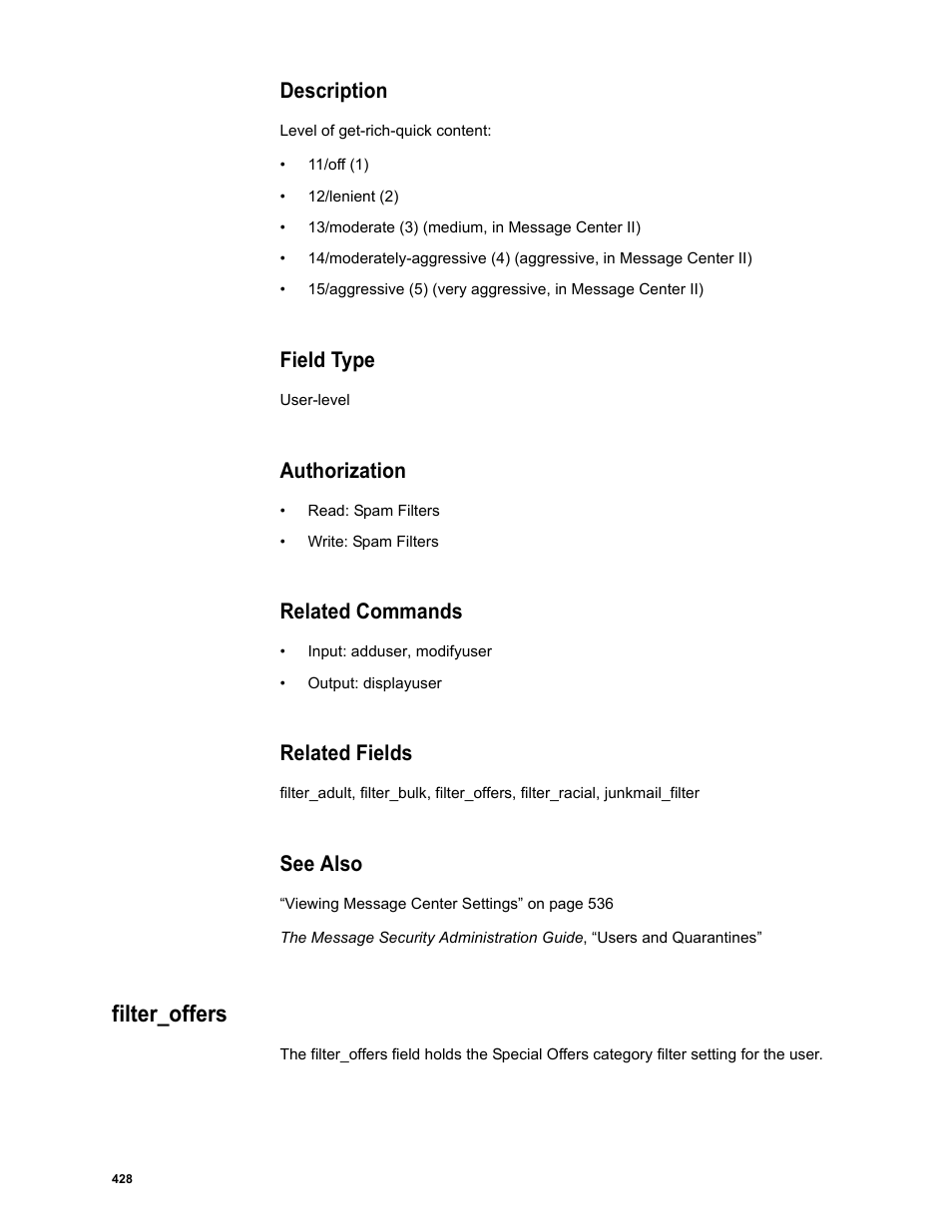 Description, Field type, Authorization | Related commands, Related fields, See also, Filter_offers | Google Message Security Batch Reference Guide User Manual | Page 416 / 561