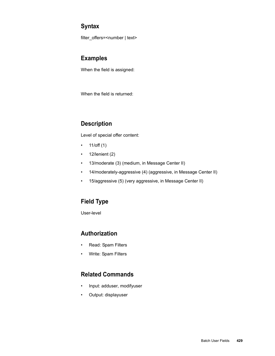 Syntax, Examples, Description | Field type, Authorization, Related commands | Google Message Security Batch Reference Guide User Manual | Page 417 / 561