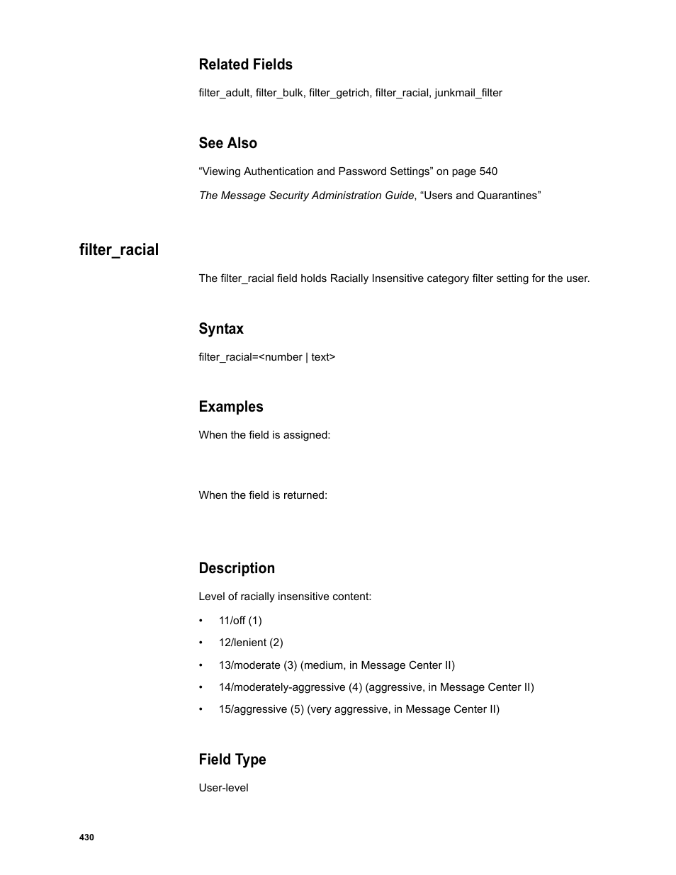 Related fields, See also, Filter_racial | Syntax, Examples, Description, Field type | Google Message Security Batch Reference Guide User Manual | Page 418 / 561