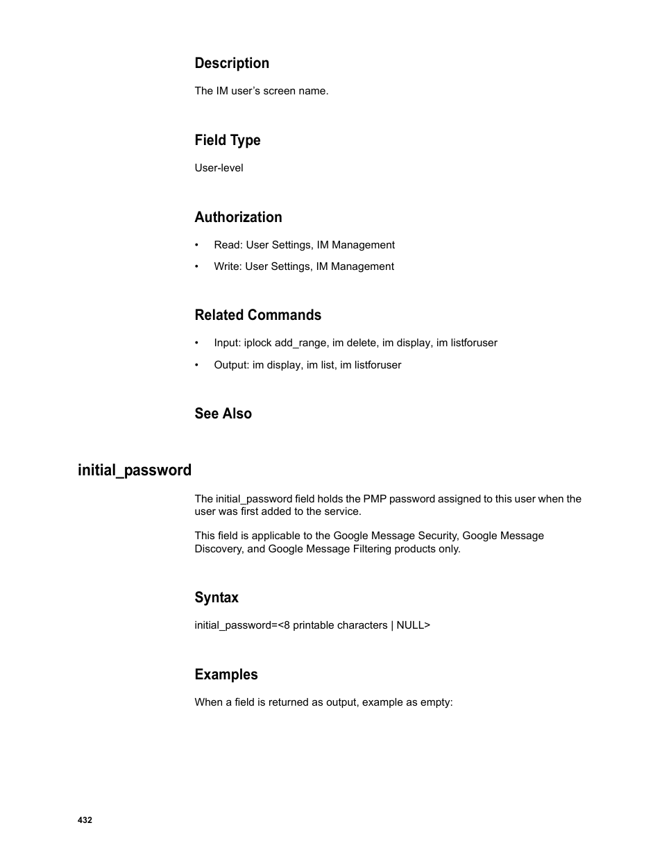 Description, Field type, Authorization | Related commands, See also, Initial_password, Syntax, Examples | Google Message Security Batch Reference Guide User Manual | Page 420 / 561