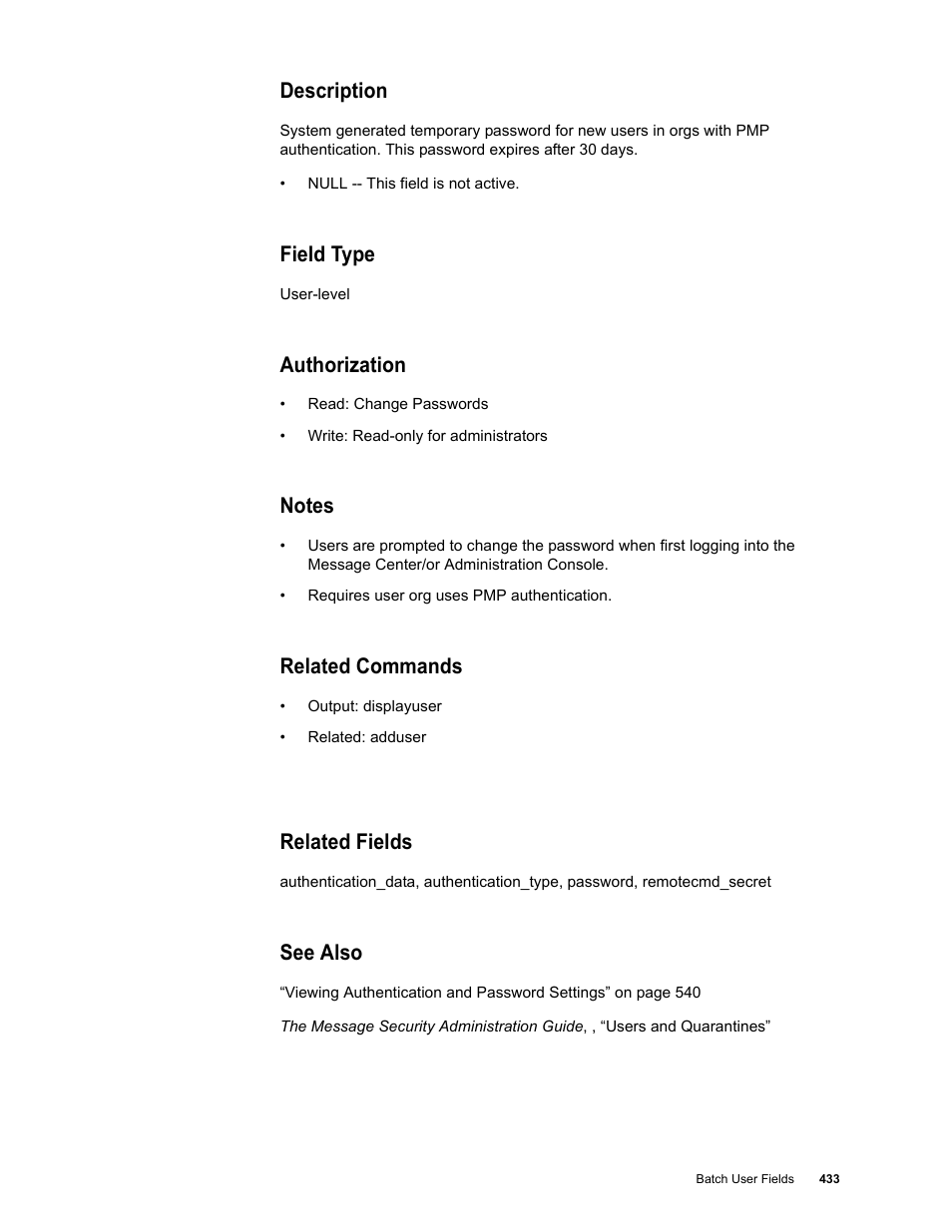 Description, Field type, Authorization | Notes, Related commands, Related fields, See also | Google Message Security Batch Reference Guide User Manual | Page 421 / 561
