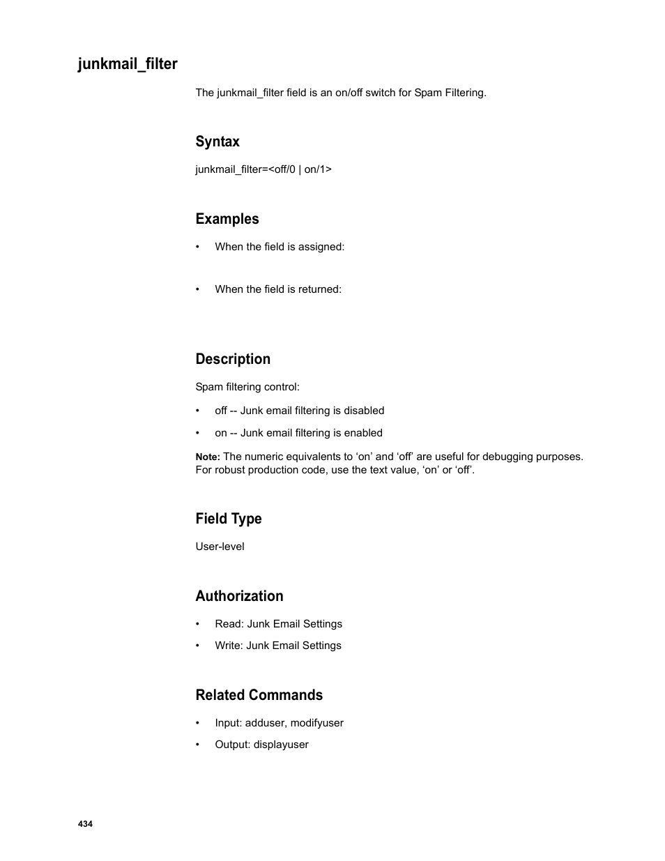 Junkmail_filter, Syntax, Examples | Description, Field type, Authorization, Related commands | Google Message Security Batch Reference Guide User Manual | Page 422 / 561