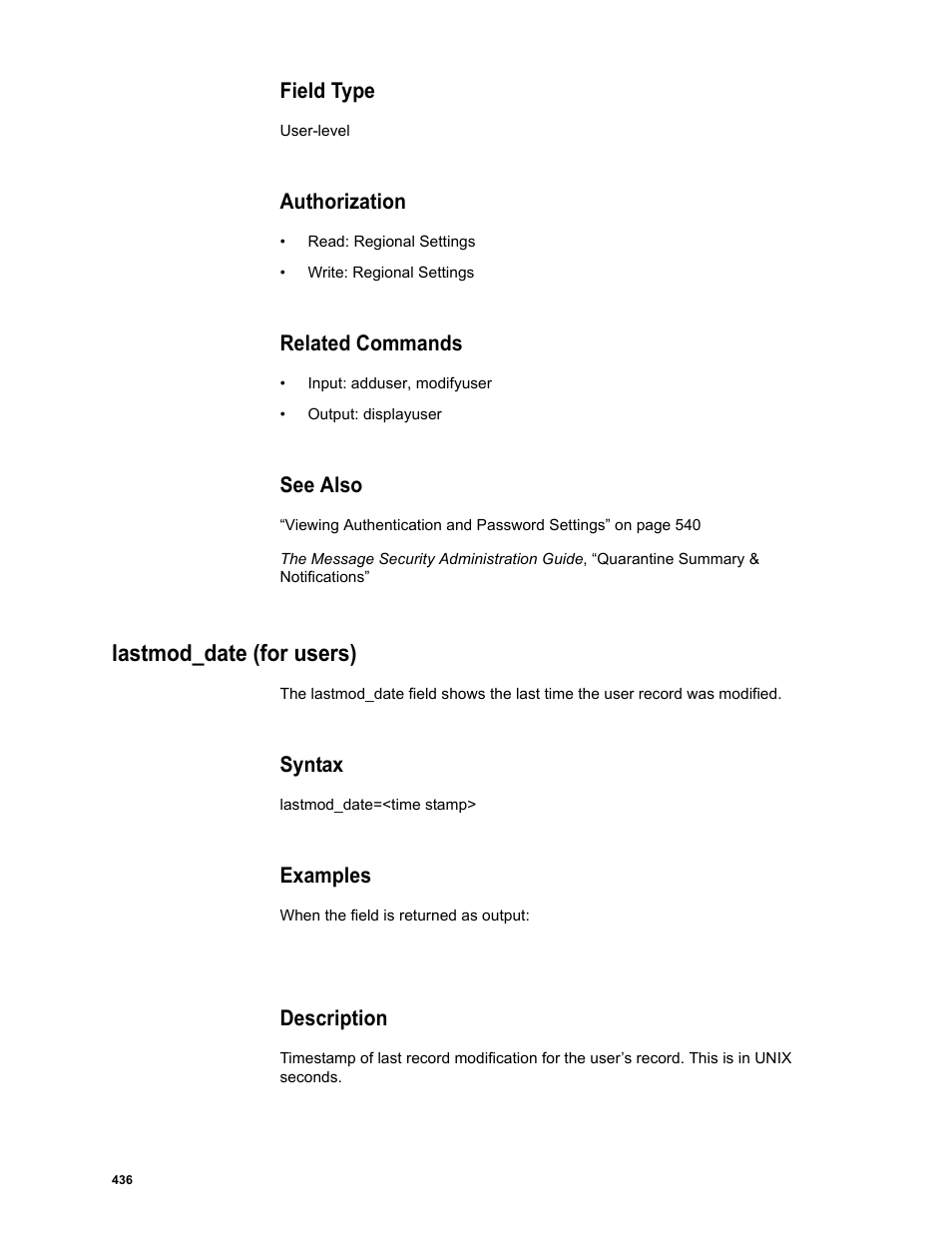 Field type, Authorization, Related commands | See also, Lastmod_date (for users), Syntax, Examples, Description | Google Message Security Batch Reference Guide User Manual | Page 424 / 561