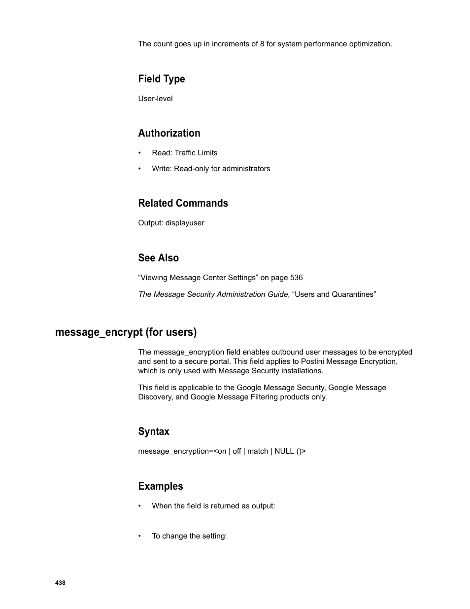 Field type, Authorization, Related commands | See also, Message_encrypt (for users), Syntax, Examples | Google Message Security Batch Reference Guide User Manual | Page 426 / 561