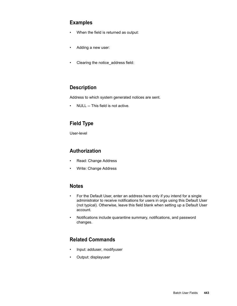 Examples, Description, Field type | Authorization, Notes, Related commands | Google Message Security Batch Reference Guide User Manual | Page 431 / 561