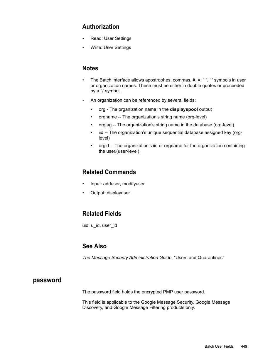 Authorization, Notes, Related commands | Related fields, See also, Password | Google Message Security Batch Reference Guide User Manual | Page 433 / 561