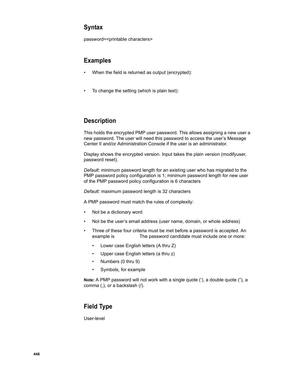 Syntax, Examples, Description | Field type | Google Message Security Batch Reference Guide User Manual | Page 434 / 561
