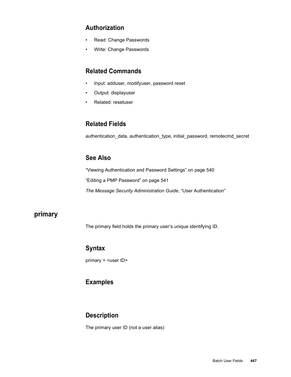 Authorization, Related commands, Related fields | See also, Primary, Syntax, Examples, Description | Google Message Security Batch Reference Guide User Manual | Page 435 / 561