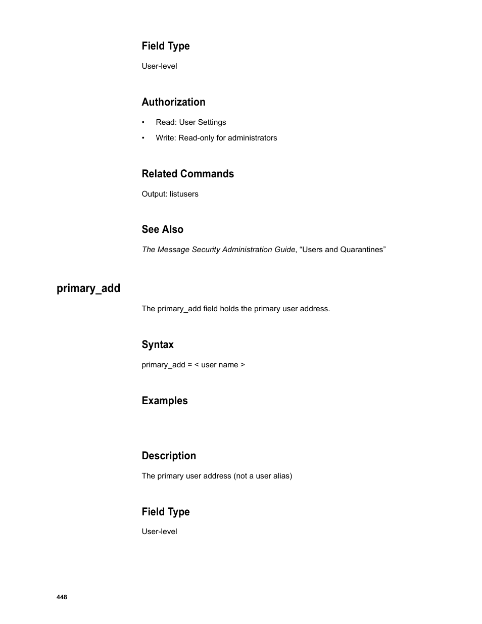 Field type, Authorization, Related commands | See also, Primary_add, Syntax, Examples, Description | Google Message Security Batch Reference Guide User Manual | Page 436 / 561
