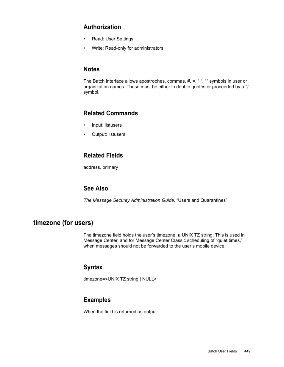 Authorization, Notes, Related commands | Related fields, See also, Timezone (for users), Syntax, Examples | Google Message Security Batch Reference Guide User Manual | Page 437 / 561