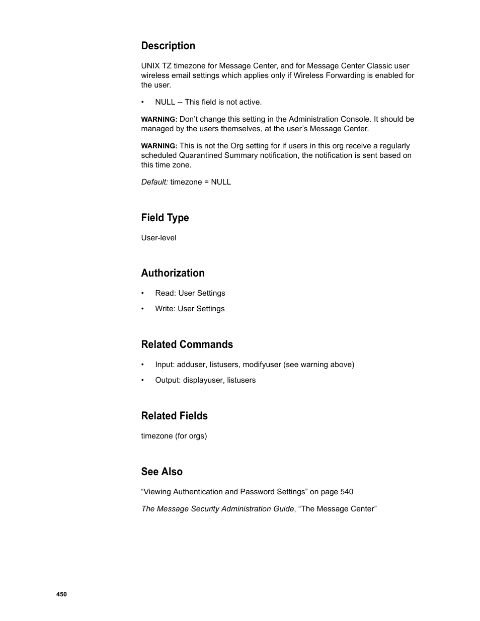 Description, Field type, Authorization | Related commands, Related fields, See also | Google Message Security Batch Reference Guide User Manual | Page 438 / 561