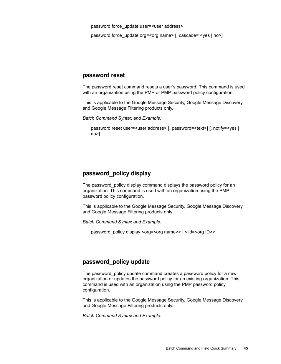 Password reset, Password_policy display, Password_policy update | Google Message Security Batch Reference Guide User Manual | Page 44 / 561