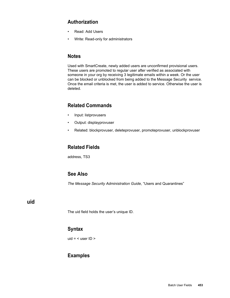 Authorization, Notes, Related commands | Related fields, See also, Syntax, Examples | Google Message Security Batch Reference Guide User Manual | Page 441 / 561
