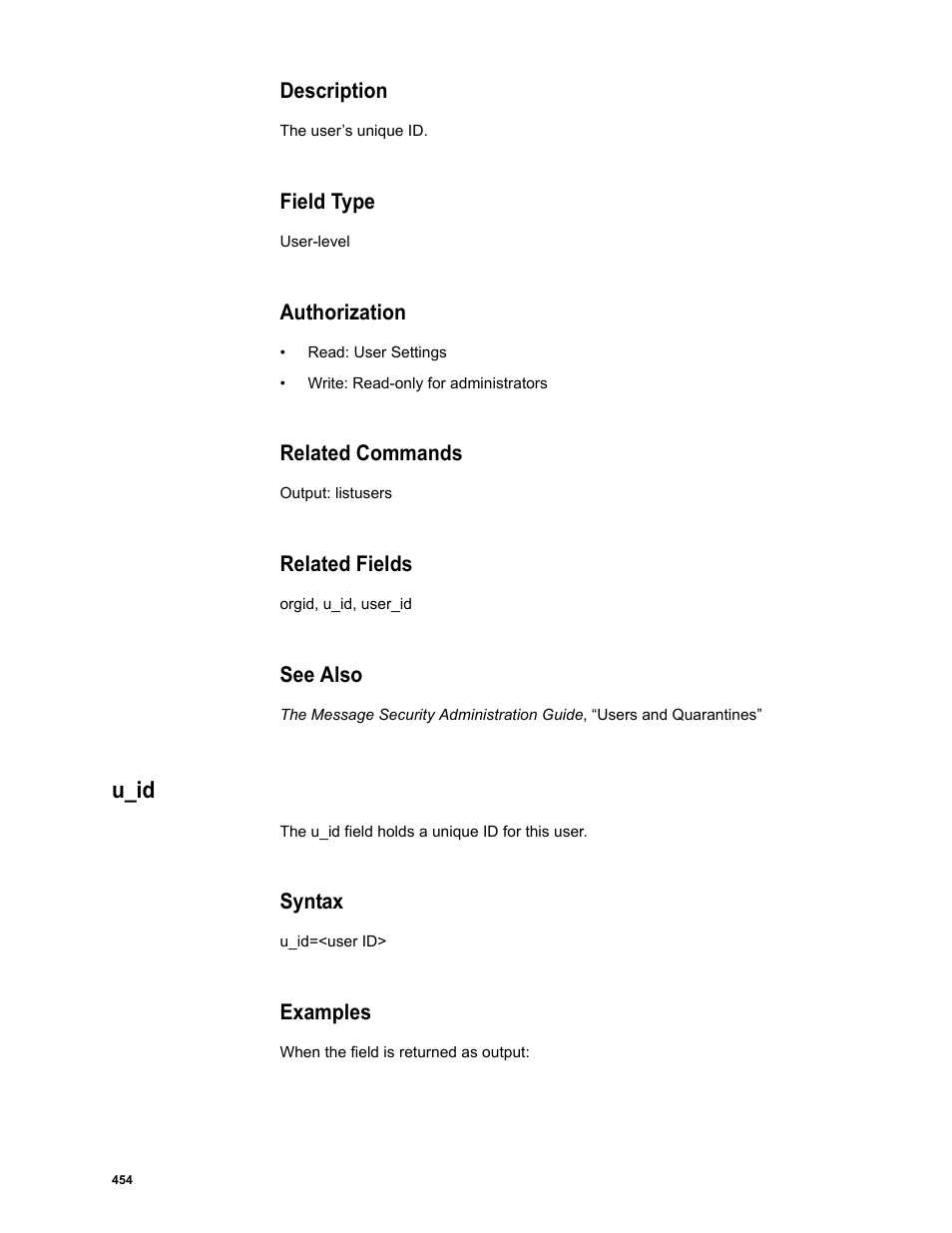 Description, Field type, Authorization | Related commands, Related fields, See also, U_id, Syntax, Examples | Google Message Security Batch Reference Guide User Manual | Page 442 / 561