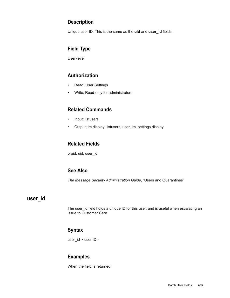 Description, Field type, Authorization | Related commands, Related fields, See also, User_id, Syntax, Examples | Google Message Security Batch Reference Guide User Manual | Page 443 / 561