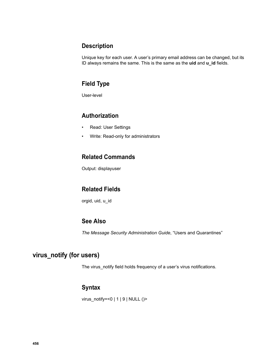 Description, Field type, Authorization | Related commands, Related fields, See also, Virus_notify (for users), Syntax | Google Message Security Batch Reference Guide User Manual | Page 444 / 561