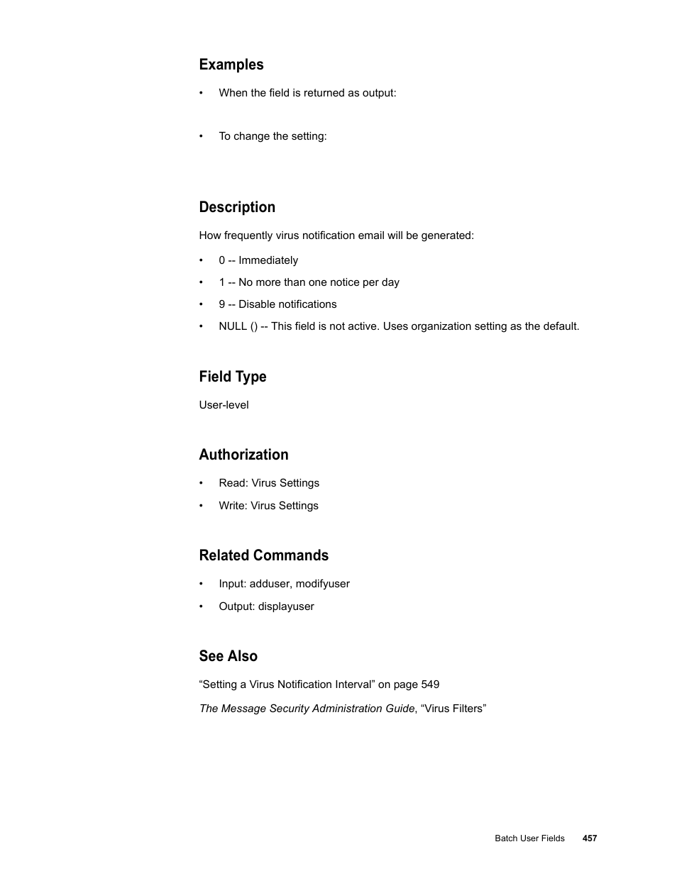 Examples, Description, Field type | Authorization, Related commands, See also | Google Message Security Batch Reference Guide User Manual | Page 445 / 561