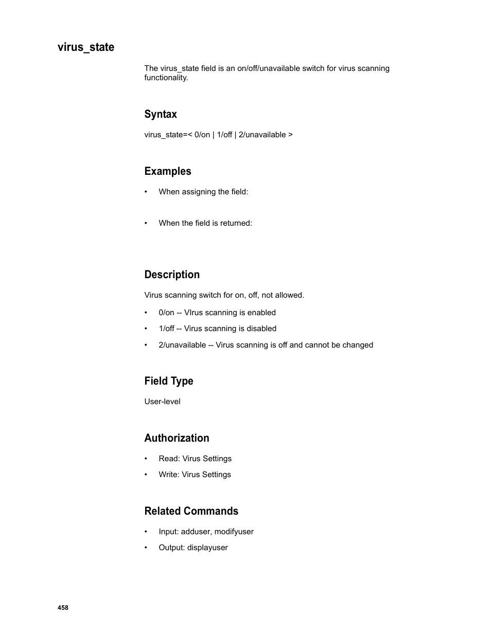 Virus_state, Syntax, Examples | Description, Field type, Authorization, Related commands | Google Message Security Batch Reference Guide User Manual | Page 446 / 561