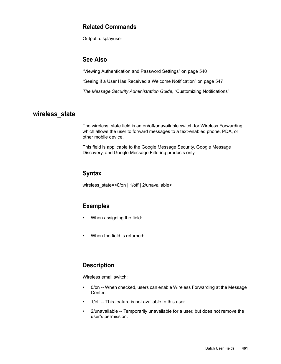 Related commands, See also, Wireless_state | Syntax, Examples, Description | Google Message Security Batch Reference Guide User Manual | Page 449 / 561