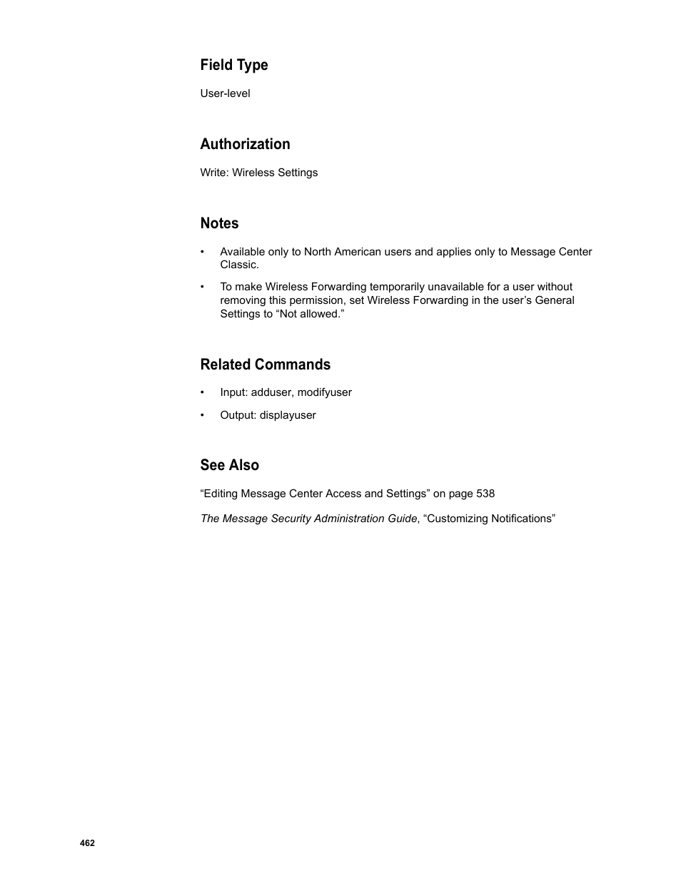 Field type, Authorization, Notes | Related commands, See also | Google Message Security Batch Reference Guide User Manual | Page 450 / 561