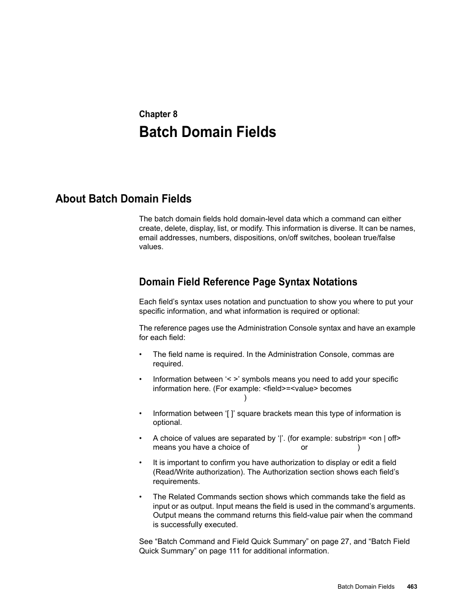 Batch domain fields, About batch domain fields, Chapter 8: batch domain fields | Domain field reference page syntax notations | Google Message Security Batch Reference Guide User Manual | Page 451 / 561