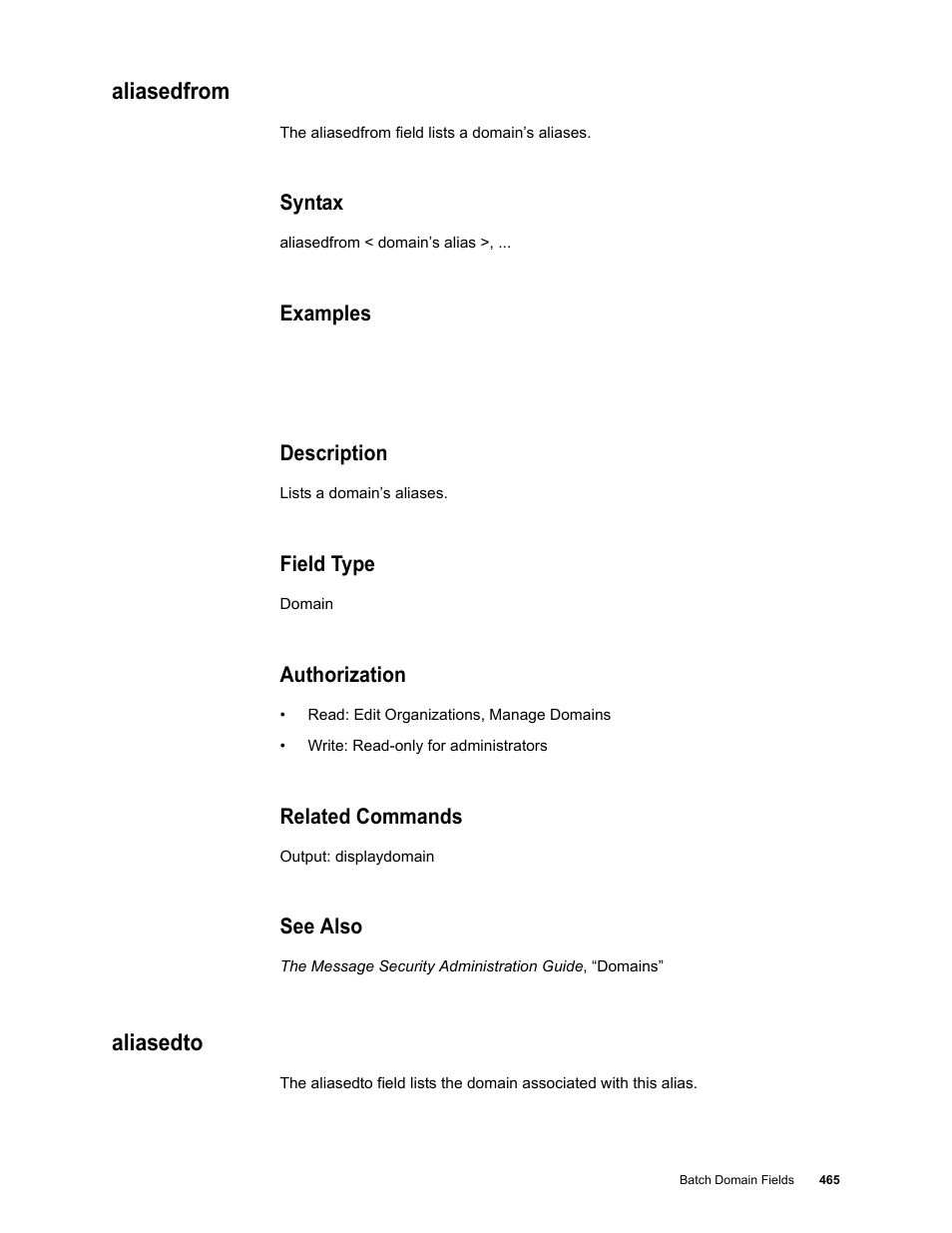 Aliasedfrom, Syntax, Examples | Description, Field type, Authorization, Related commands, See also, Aliasedto | Google Message Security Batch Reference Guide User Manual | Page 453 / 561