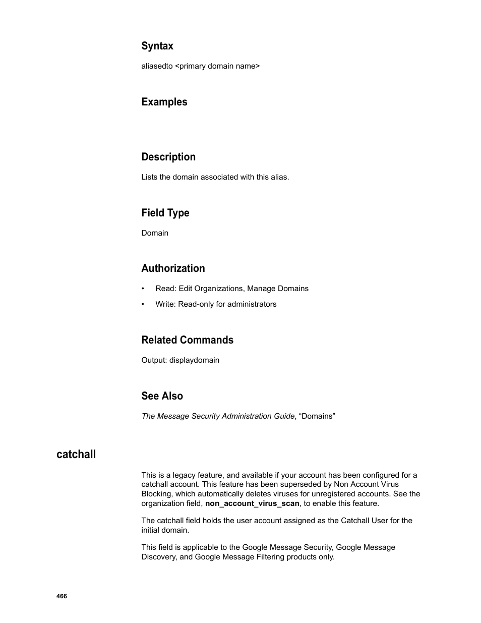 Syntax, Examples, Description | Field type, Authorization, Related commands, See also, Catchall | Google Message Security Batch Reference Guide User Manual | Page 454 / 561
